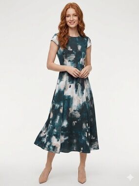Aritzia Babaton Hamptons Dress Watercolor Peacock Denude Abstract Print Size 0